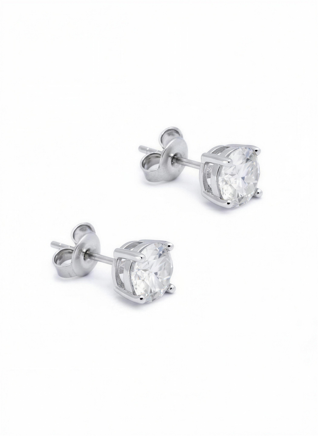 H. Moissan Studs – side view of round moissanite stud earrings with butterfly backs