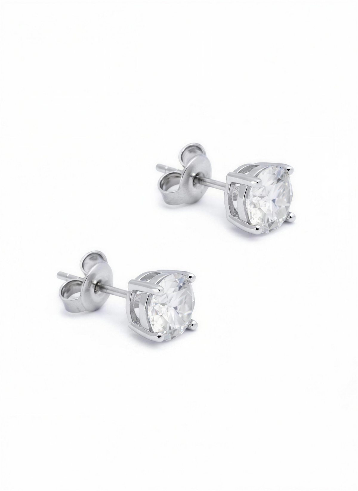 H. Moissan Studs – side view of round moissanite stud earrings with butterfly backs